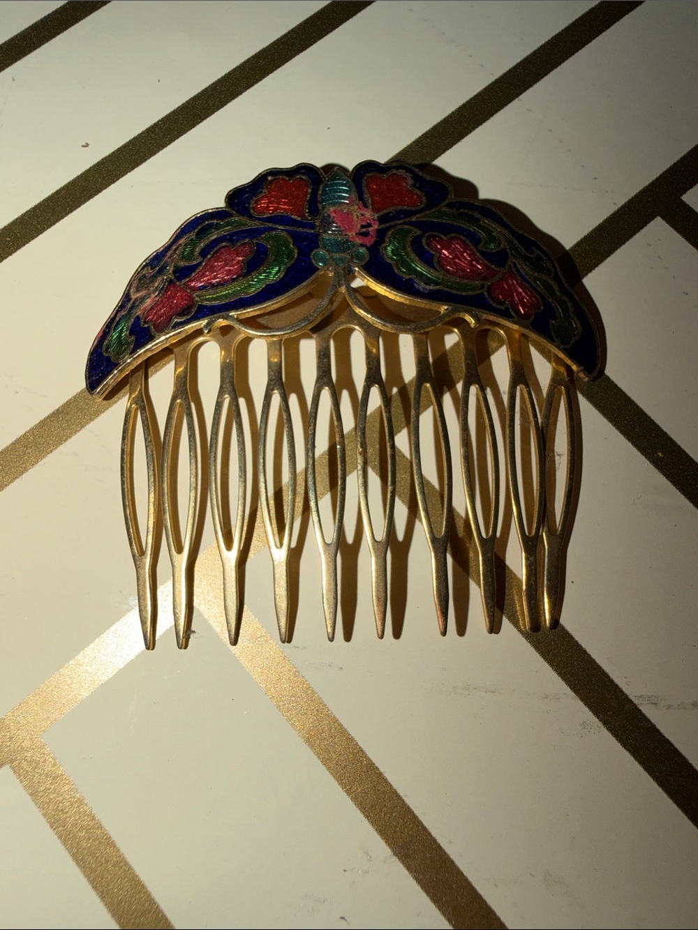 Gold-Tone Floral Enamel Hair Comb with Blue, Pink and Green Accents